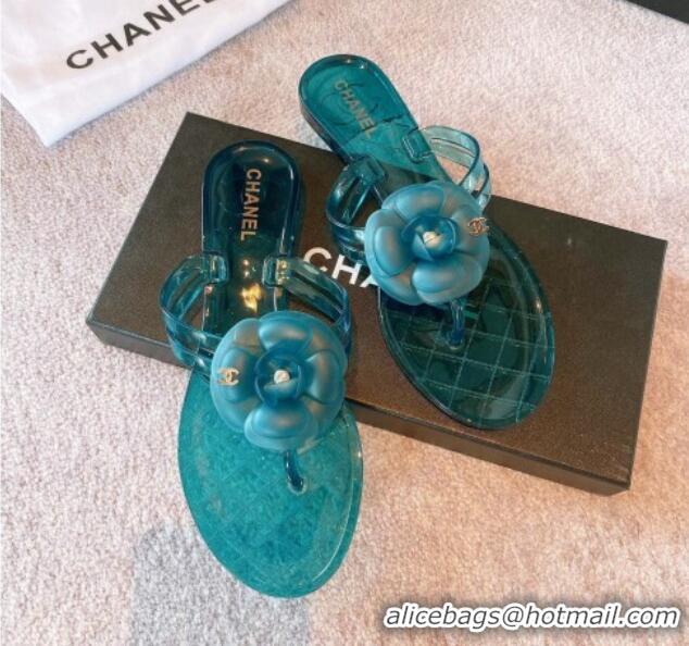 Stylish Chanel Camellia Bloom PVC Flat Thong Sandals Green 0327045