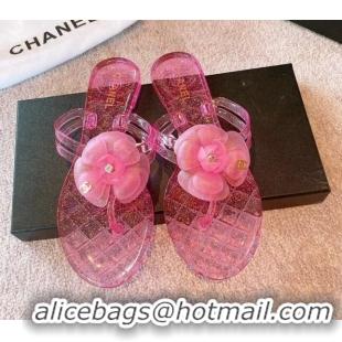 Most Popular Chanel Camellia Bloom PVC Flat Thong Sandals Pink 0327046