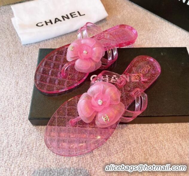 Most Popular Chanel Camellia Bloom PVC Flat Thong Sandals Pink 0327046