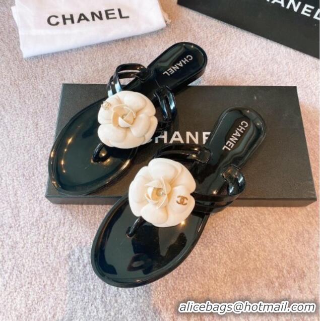 Good Looking Chanel Camellia Bloom PVC Flat Thong Sandals Black/White 0327047