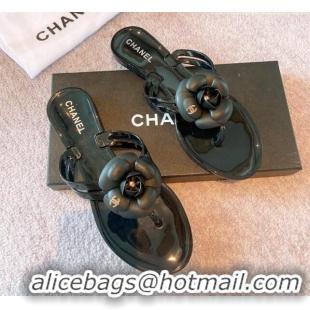 Top Grade Chanel Camellia Bloom PVC Flat Thong Sandals Black 327048