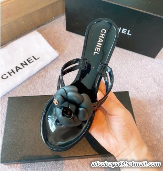 Top Grade Chanel Camellia Bloom PVC Flat Thong Sandals Black 327048