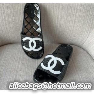 Low Cost Chanel CC PVC Flat Slide Sandals Black/White 327050