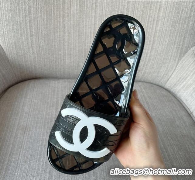 Low Cost Chanel CC PVC Flat Slide Sandals Black/White 327050