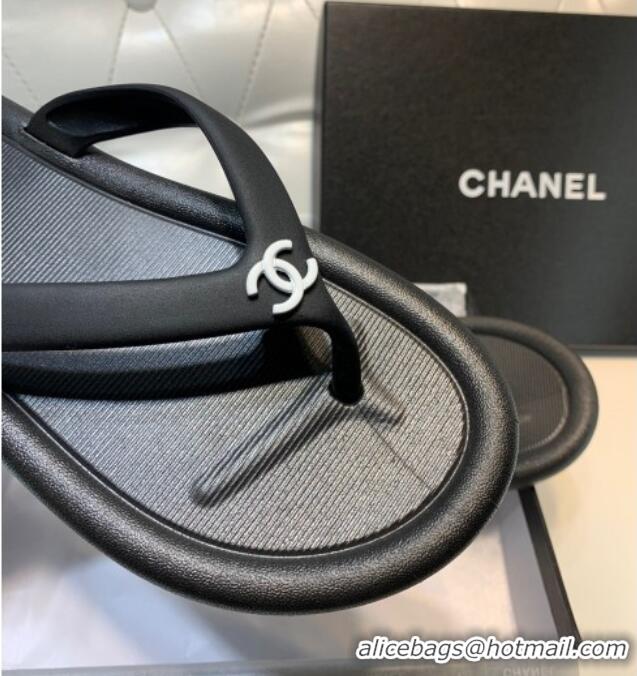 Unique Style Chanel Vintage Rubber Flat Slide Thong Sandals Black 0327052