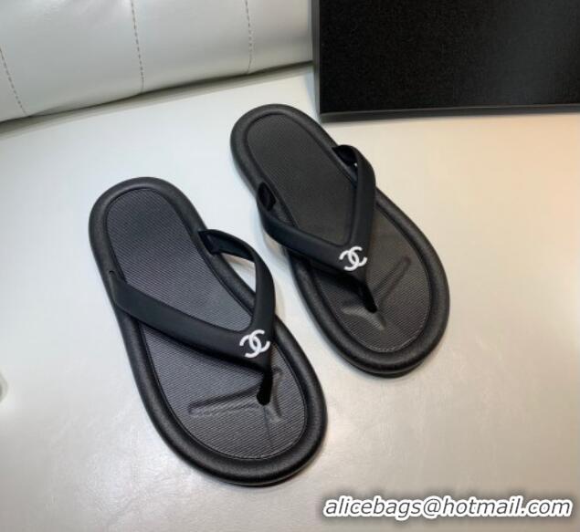 Unique Style Chanel Vintage Rubber Flat Slide Thong Sandals Black 0327052