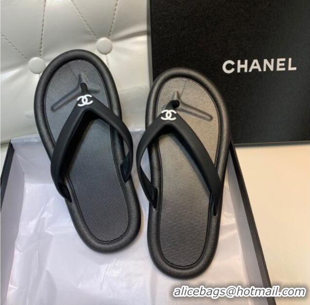 Unique Style Chanel Vintage Rubber Flat Slide Thong Sandals Black 0327052