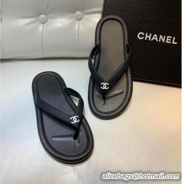 Unique Style Chanel Vintage Rubber Flat Slide Thong Sandals Black 0327052