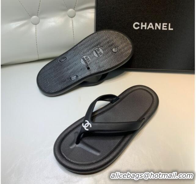 Unique Style Chanel Vintage Rubber Flat Slide Thong Sandals Black 0327052