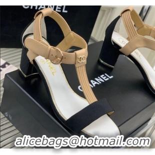 Discount Chanel Lambskin & Grosgrain Heel Sandals G39022 4.5cm Beige/Black 328002 