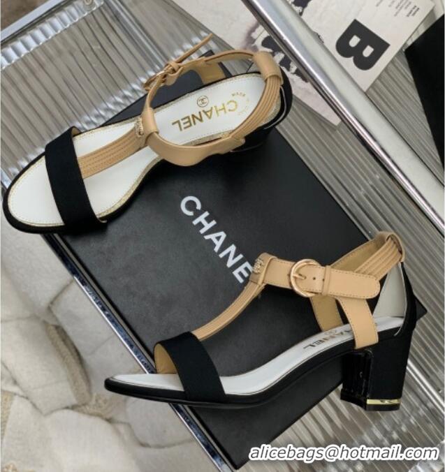 Discount Chanel Lambskin & Grosgrain Heel Sandals G39022 4.5cm Beige/Black 328002 