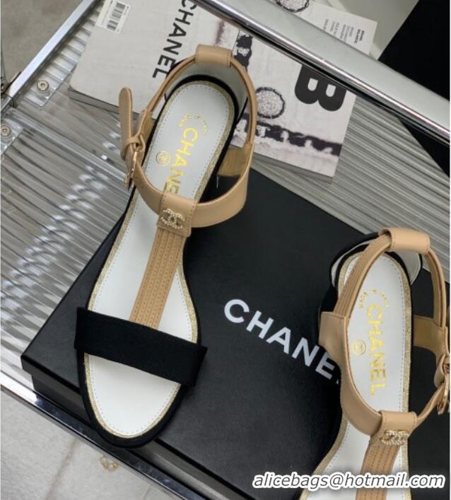 Discount Chanel Lambskin & Grosgrain Heel Sandals G39022 4.5cm Beige/Black 328002 