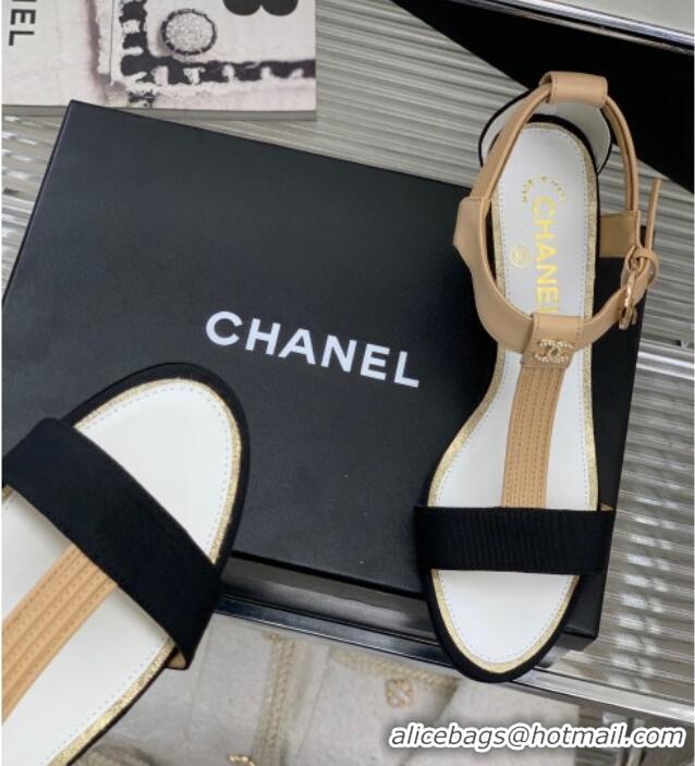 Discount Chanel Lambskin & Grosgrain Heel Sandals G39022 4.5cm Beige/Black 328002 