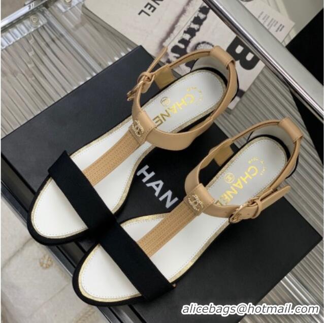 Discount Chanel Lambskin & Grosgrain Heel Sandals G39022 4.5cm Beige/Black 328002 