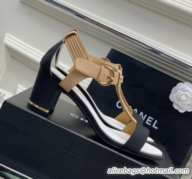 Discount Chanel Lambskin & Grosgrain Heel Sandals G39022 4.5cm Beige/Black 328002 