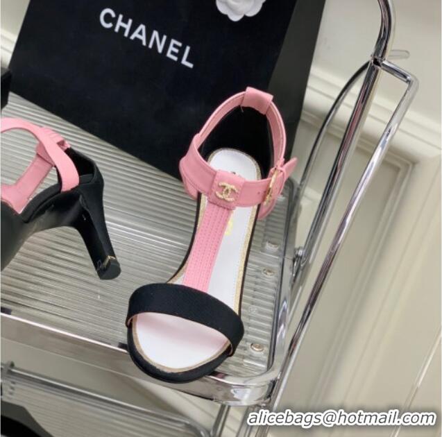 Luxury Chanel Lambskin & Grosgrain Heel Sandals G39022 9cm Pink/Black 328005