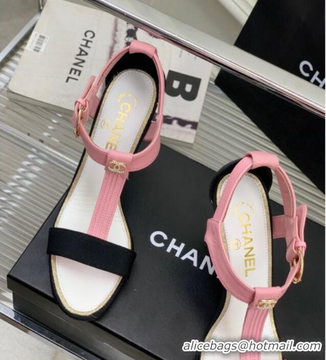 Luxury Chanel Lambskin & Grosgrain Heel Sandals G39022 9cm Pink/Black 328005