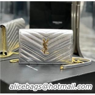 Top Quality SAINT LAURENT CASSANDRE MATELASSE ENVELOPE CHAIN WALLET IN GRAIN DE POUDRE EMBOSSED LEATHER 393953 Silver