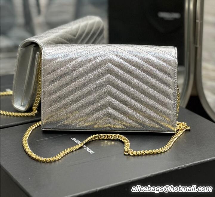 Top Quality SAINT LAURENT CASSANDRE MATELASSE ENVELOPE CHAIN WALLET IN GRAIN DE POUDRE EMBOSSED LEATHER 393953 Silver