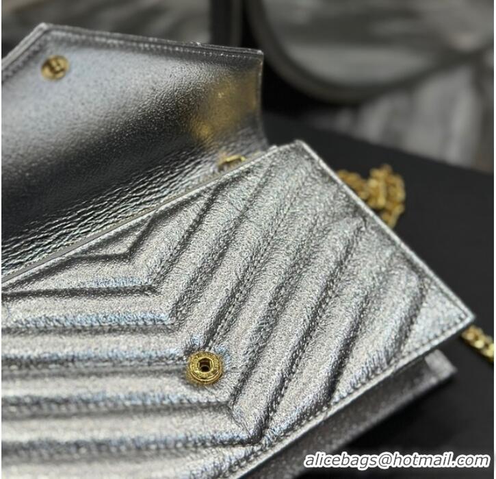 Top Quality SAINT LAURENT CASSANDRE MATELASSE ENVELOPE CHAIN WALLET IN GRAIN DE POUDRE EMBOSSED LEATHER 393953 Silver