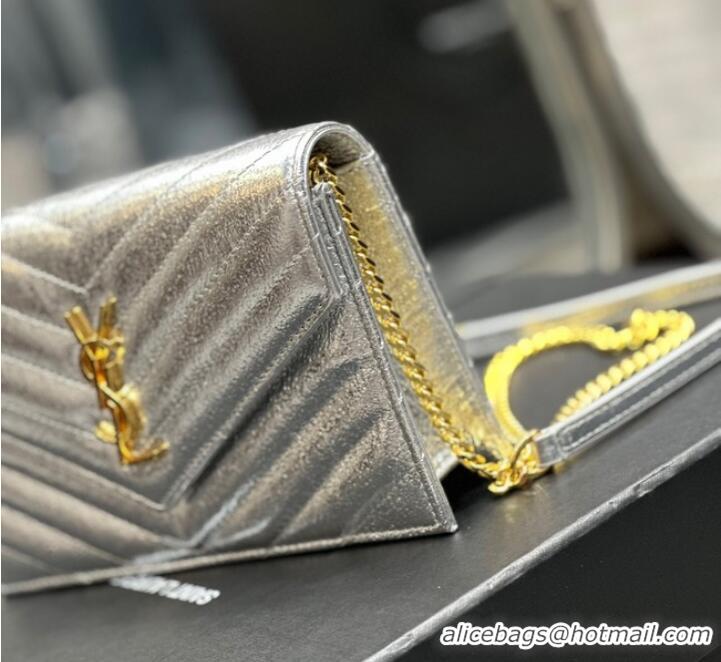 Top Quality SAINT LAURENT CASSANDRE MATELASSE ENVELOPE CHAIN WALLET IN GRAIN DE POUDRE EMBOSSED LEATHER 393953 Silver