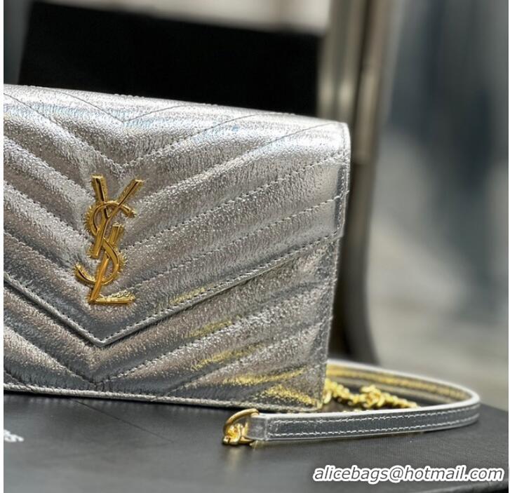 Top Quality SAINT LAURENT CASSANDRE MATELASSE ENVELOPE CHAIN WALLET IN GRAIN DE POUDRE EMBOSSED LEATHER 393953 Silver