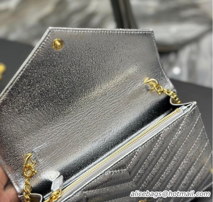 Top Quality SAINT LAURENT CASSANDRE MATELASSE ENVELOPE CHAIN WALLET IN GRAIN DE POUDRE EMBOSSED LEATHER 393953 Silver