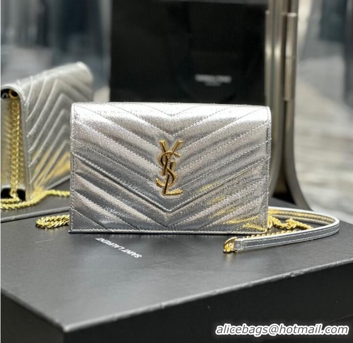 Top Quality SAINT LAURENT CASSANDRE MATELASSE ENVELOPE CHAIN WALLET IN GRAIN DE POUDRE EMBOSSED LEATHER 393953 Silver