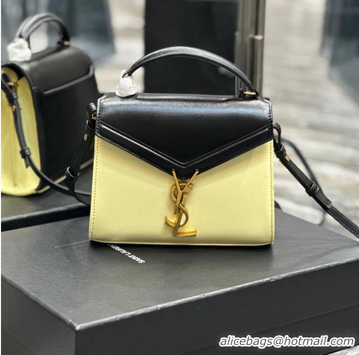 Discount SAINT LAURENT CASSANDRA SMALL TOP HANDLE BAG IN SMOOTH LEATHER 602716 black&yellow