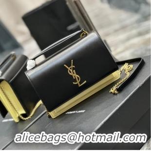 Buy Inexpensive SAINT LAURENT SUNSET CHAIN WALLET IN COATED BARK LEATHER 533026 black&yellow