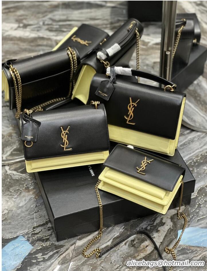 Buy Inexpensive SAINT LAURENT SUNSET CHAIN WALLET IN COATED BARK LEATHER 533026 black&yellow