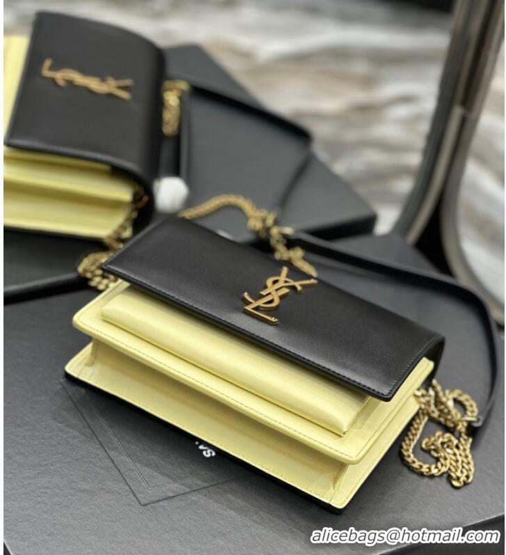 Buy Inexpensive SAINT LAURENT SUNSET CHAIN WALLET IN COATED BARK LEATHER 533026 black&yellow