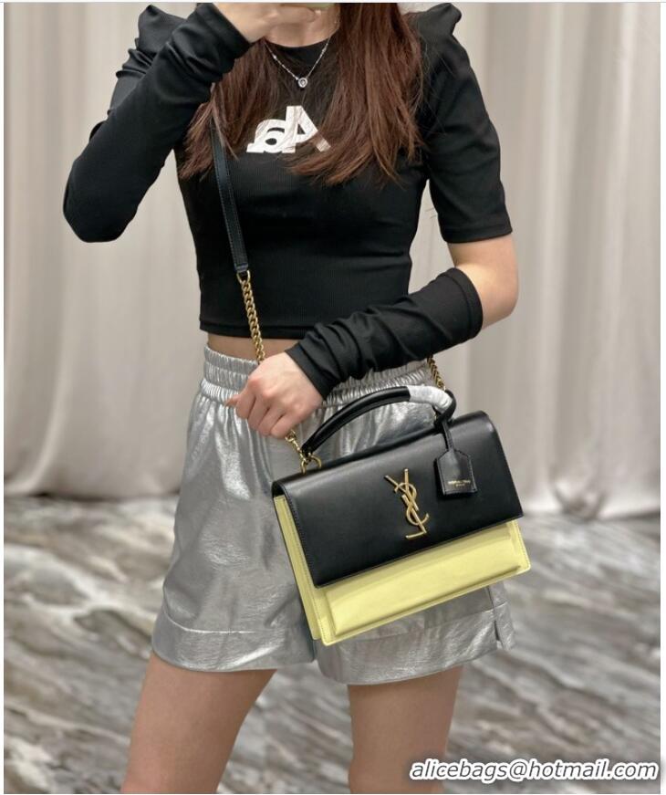 Promotional SAINT LAURENT SUNSET MEDIUM TOP HANDLE IN SMOOTH LEATHER 634723 black&yellow