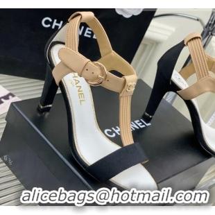 Fashion Chanel Lambskin & Grosgrain Heel Sandals G39022 9cm Beige/Black 328008