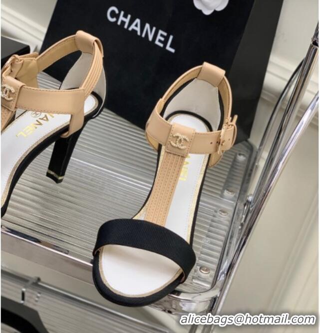 Fashion Chanel Lambskin & Grosgrain Heel Sandals G39022 9cm Beige/Black 328008