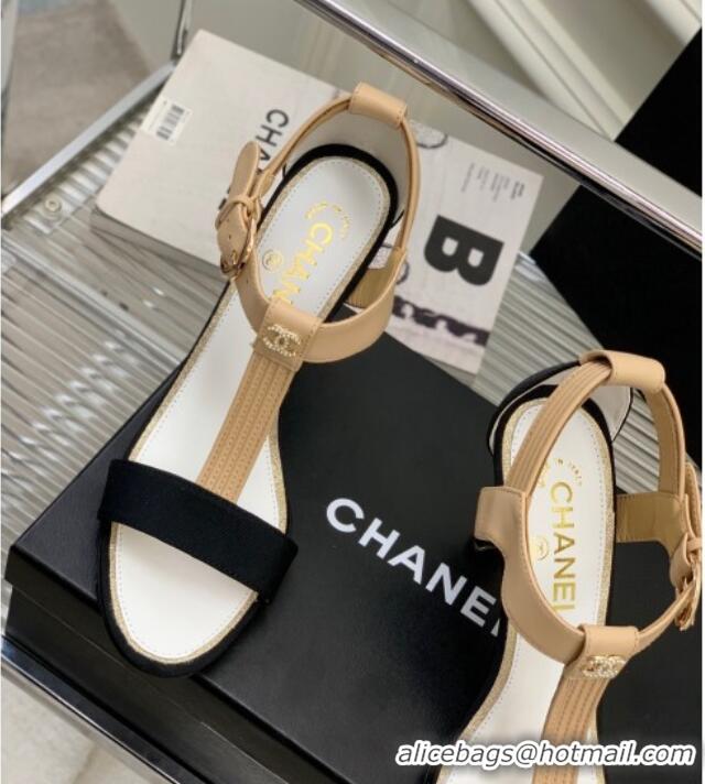 Fashion Chanel Lambskin & Grosgrain Heel Sandals G39022 9cm Beige/Black 328008