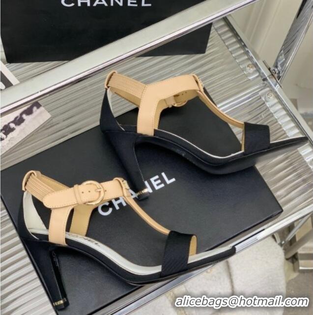 Fashion Chanel Lambskin & Grosgrain Heel Sandals G39022 9cm Beige/Black 328008