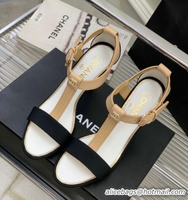 Fashion Chanel Lambskin & Grosgrain Heel Sandals G39022 9cm Beige/Black 328008