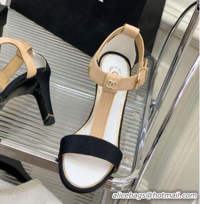 Fashion Chanel Lambskin & Grosgrain Heel Sandals G39022 9cm Beige/Black 328008