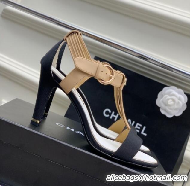 Fashion Chanel Lambskin & Grosgrain Heel Sandals G39022 9cm Beige/Black 328008