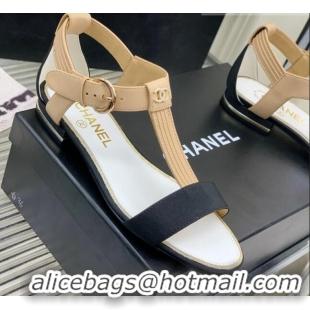 Duplicate Chanel Lambskin & Grosgrain Heel Sandals G39022 2cm Beige/Black 328009