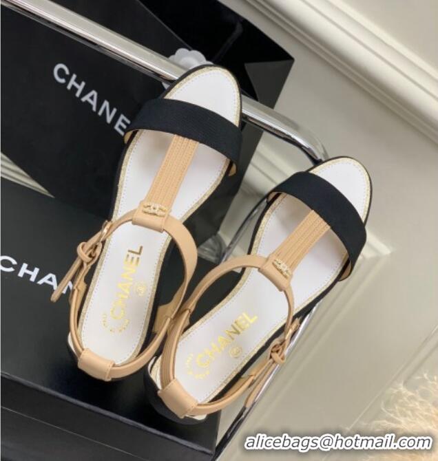 Duplicate Chanel Lambskin & Grosgrain Heel Sandals G39022 2cm Beige/Black 328009