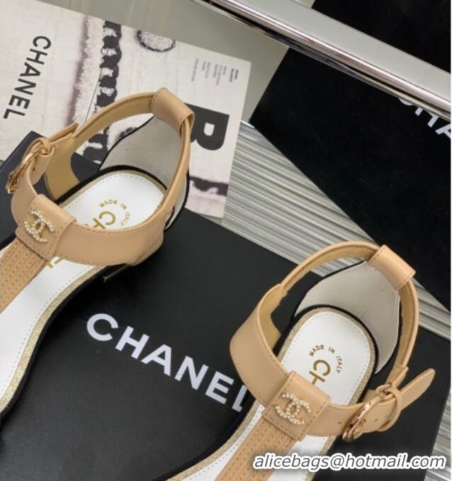 Duplicate Chanel Lambskin & Grosgrain Heel Sandals G39022 2cm Beige/Black 328009