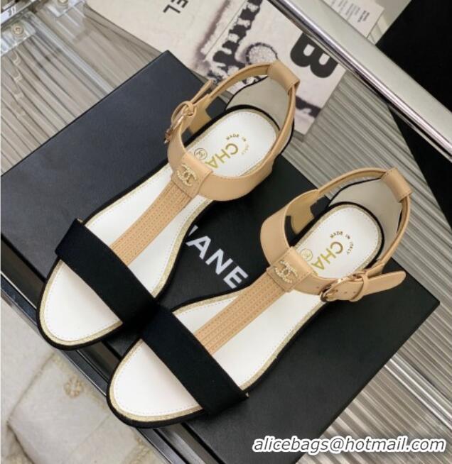 Duplicate Chanel Lambskin & Grosgrain Heel Sandals G39022 2cm Beige/Black 328009