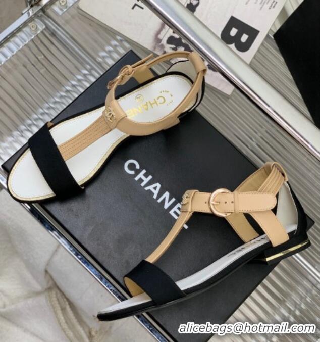 Duplicate Chanel Lambskin & Grosgrain Heel Sandals G39022 2cm Beige/Black 328009