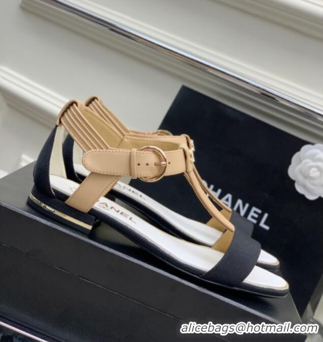 Duplicate Chanel Lambskin & Grosgrain Heel Sandals G39022 2cm Beige/Black 328009