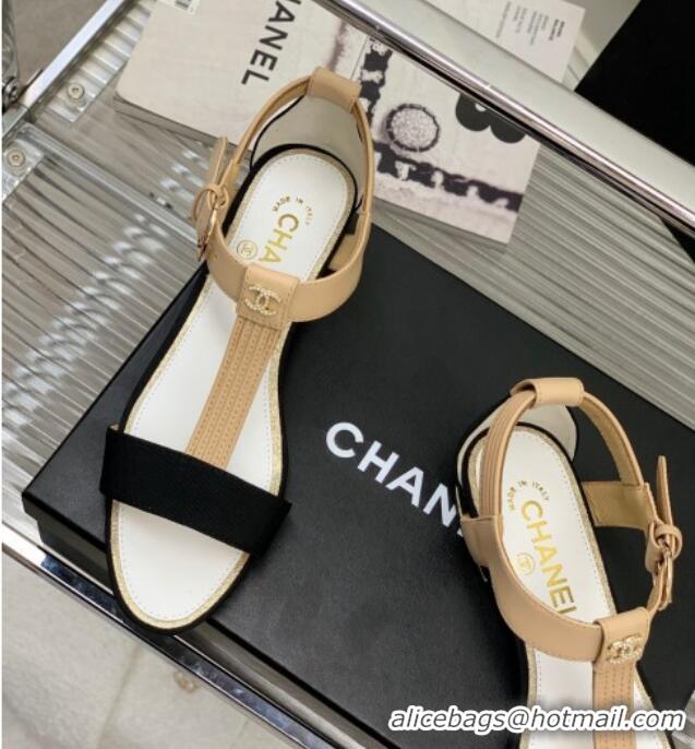 Duplicate Chanel Lambskin & Grosgrain Heel Sandals G39022 2cm Beige/Black 328009