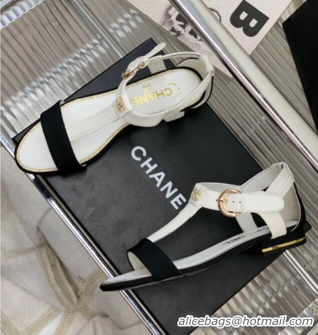 Shop Duplicate Chanel Lambskin & Grosgrain Heel Sandals G39022 2cm White/Black 328010