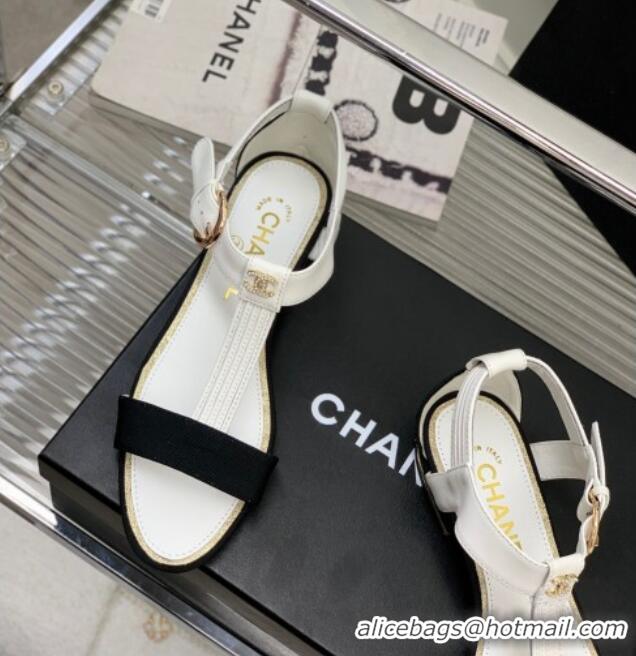 Shop Duplicate Chanel Lambskin & Grosgrain Heel Sandals G39022 2cm White/Black 328010