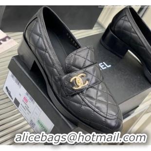 Good Quality Chanel Quilted Calfskin Loafers with CC Strap Black 328013